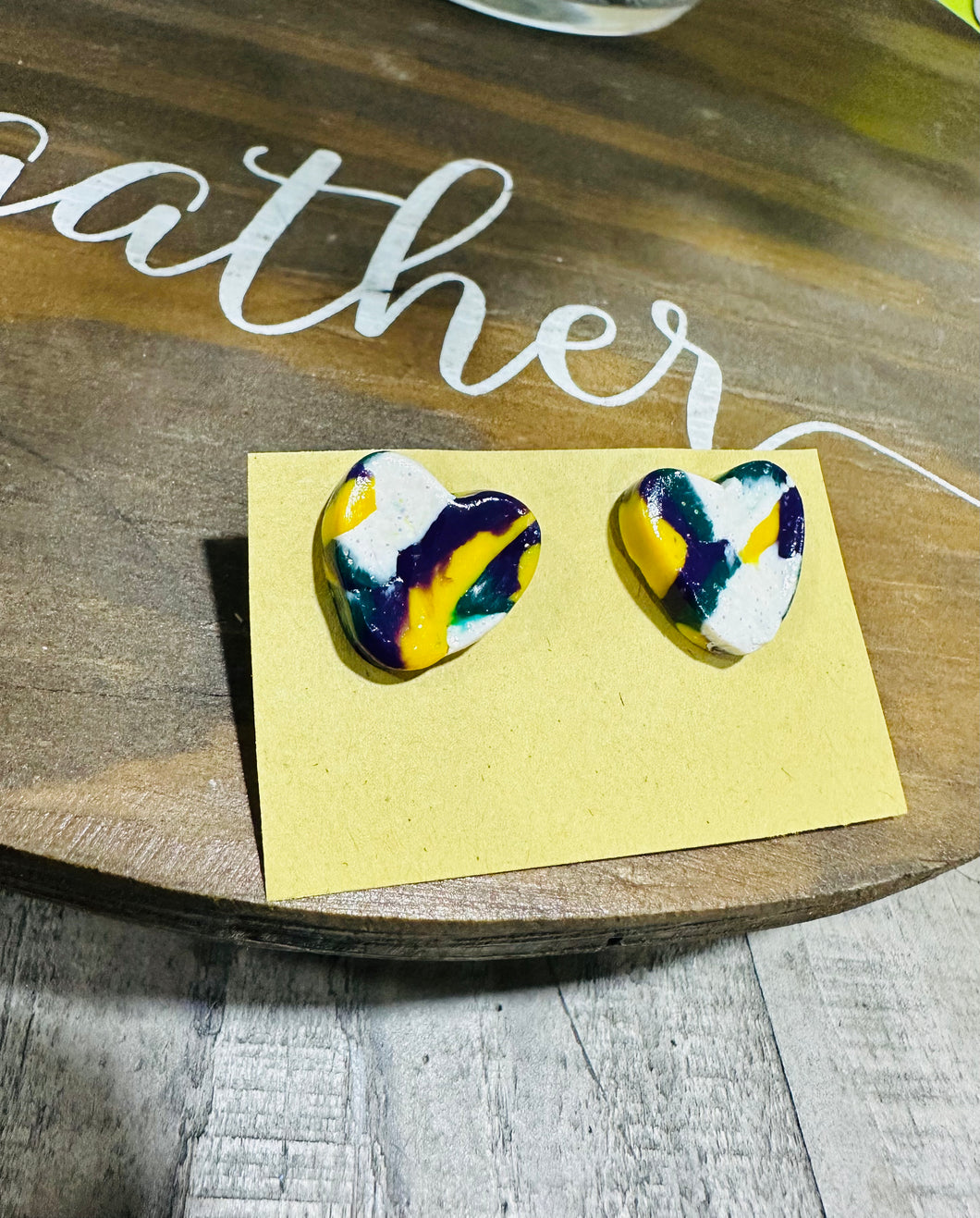 Mardi Gras Heart Studs