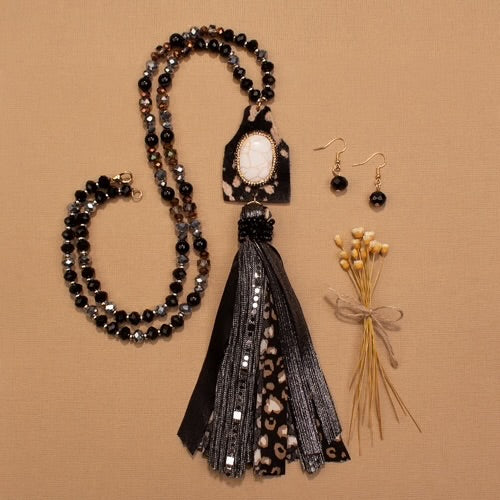 Black Squash Blossom Animal Hide Tassel Necklace