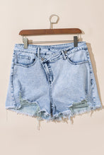 Load image into Gallery viewer, Light Blue Acid Wash Crossed Denim Shorts