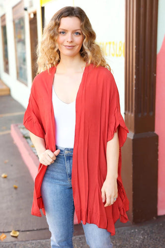Rust Crinkle Ruffle Hem Dolman Kimono