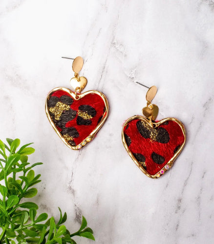 LOVE YOURSELF FIRST MOHAIR RED LEOPARD HEART PENDANT DANGLE Earrings