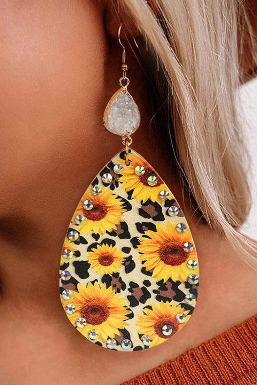 Sunflowers & Leather Bling Earrings