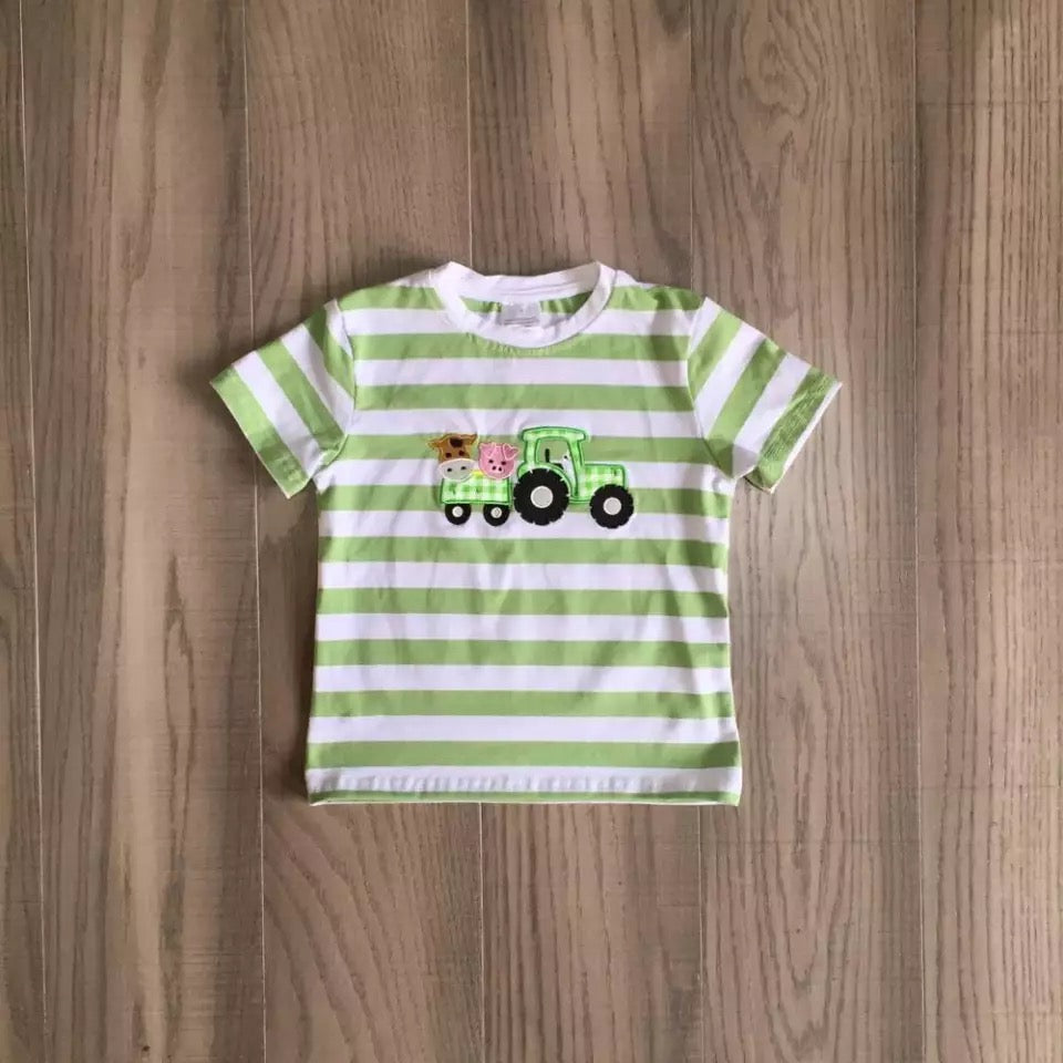 Green stripe tractor farm shirt kids