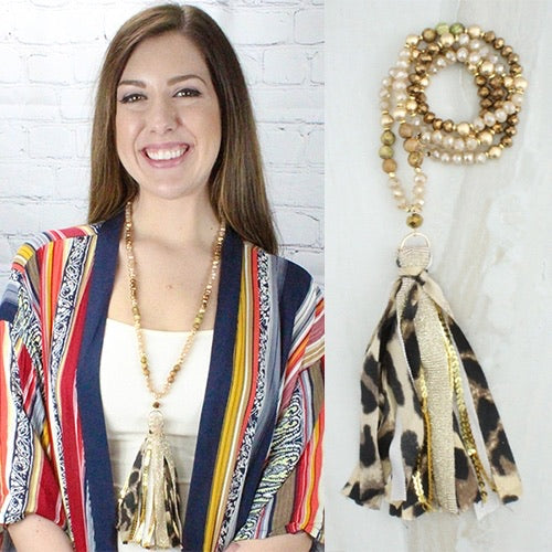 Crystal beaded tassel necklace