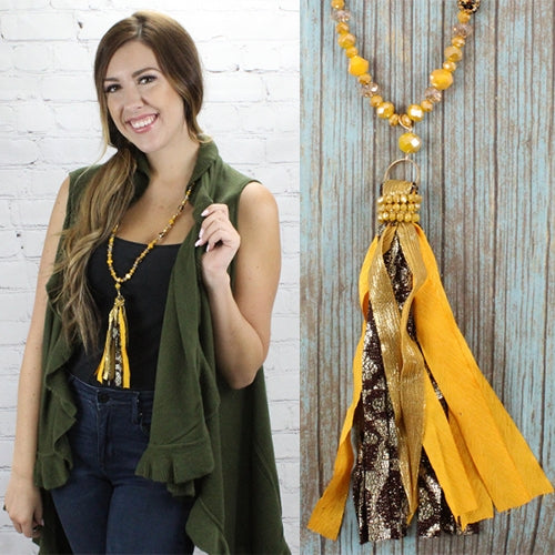 Mustard & Leopard tassel necklace