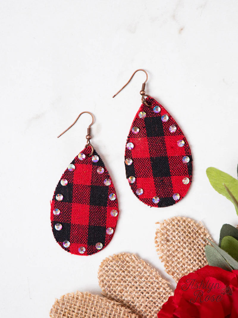 LOVE IS ALL AROUND BUFFALO PLAID TEARDROP EARRINGS WITH Crystals