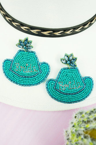 Turquoise Bejeweled Seed Bead 'Bride' Cowgirl Hat Earrings