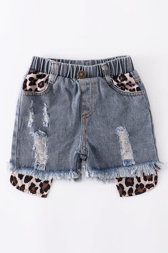 Distressed leopard and denim shorts girls