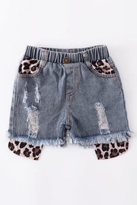 Distressed leopard and denim shorts girls