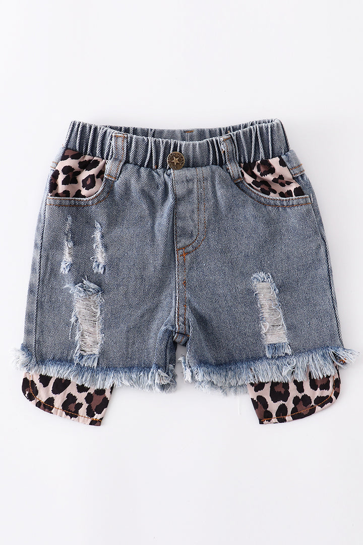 Distressed leopard and denim shorts girls