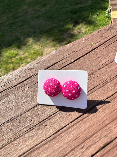 Hot Pink Polka Dot Fabric Stud Earrings